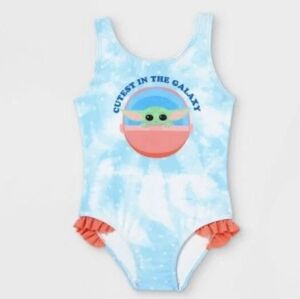 Disney Star Wars Girl's Lucasfilm Baby Yoda One Piece Swimsuit - Blue Sz 4T